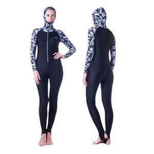 One Piece NWT Full Body Hooded Rash Guard Black Zip Up Swimsuit Women’s XL